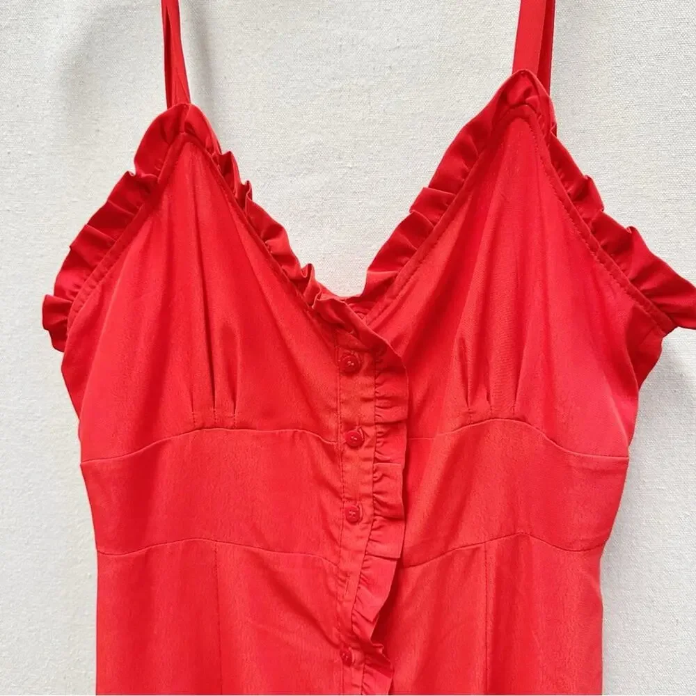 Topshop red ruffle accent button up sweetheart midi sunndress US size 8‎